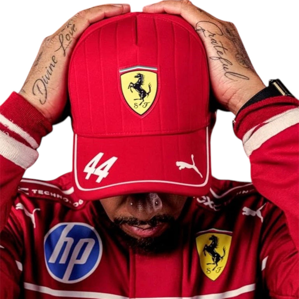 Lewis Hamilton 2025 Ferrari F1 race suit in red with sponsor branding