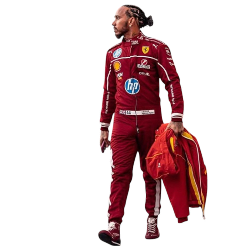 Lewis Hamilton 2025 Ferrari F1 race suit in red with sponsor branding