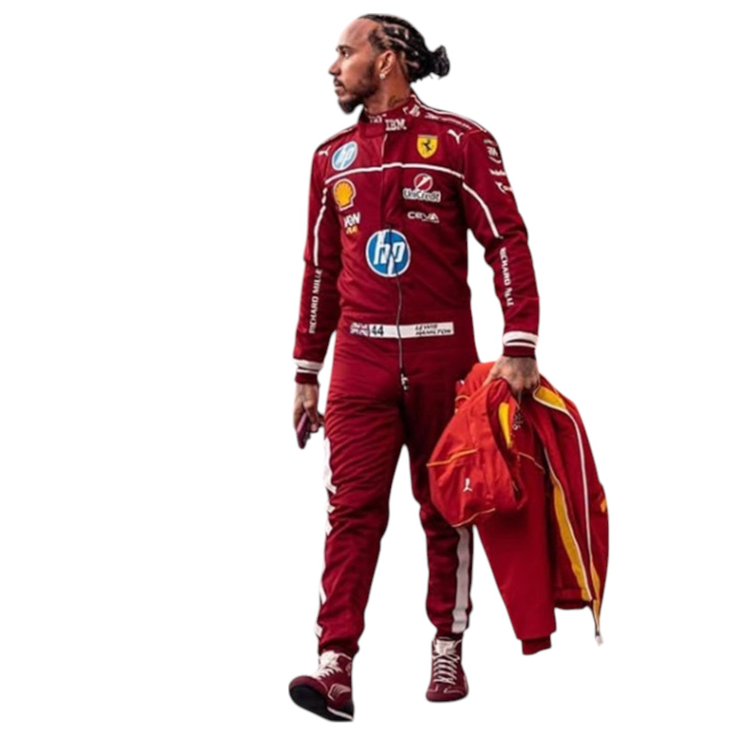 Lewis Hamilton 2025 Ferrari F1 race suit in red with sponsor branding