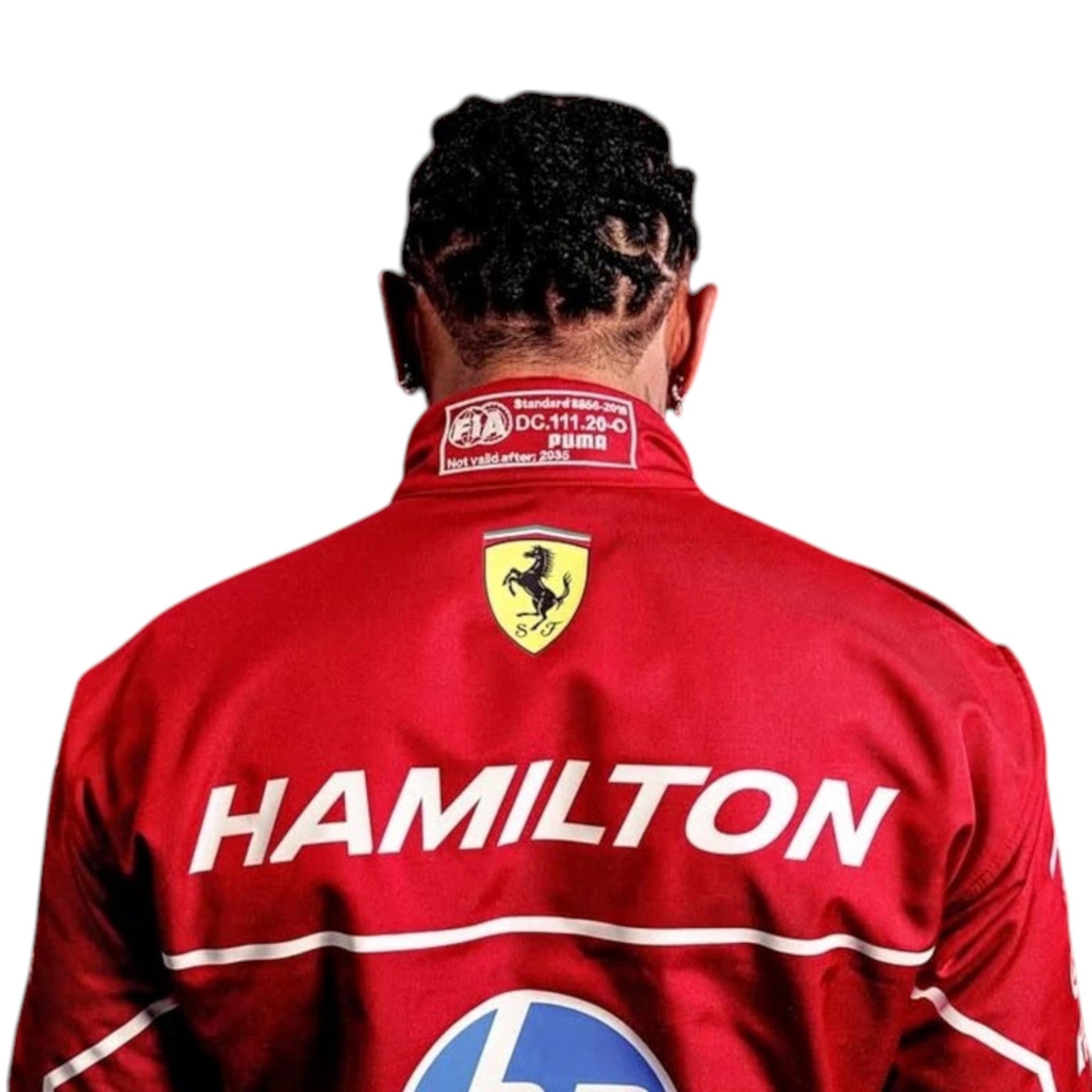 Lewis Hamilton 2025 Ferrari F1 race suit in red with sponsor branding