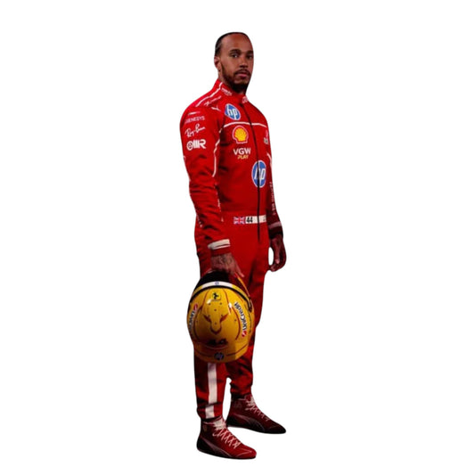 Lewis Hamilton 2025 Ferrari F1 race suit in red with sponsor branding