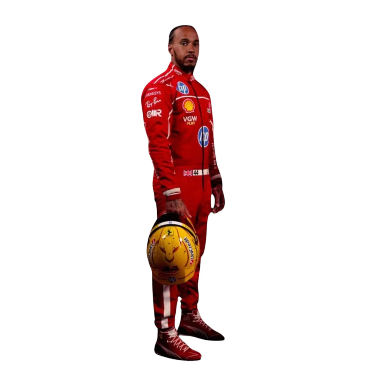 Lewis Hamilton 2025 Ferrari F1 race suit in red with sponsor branding