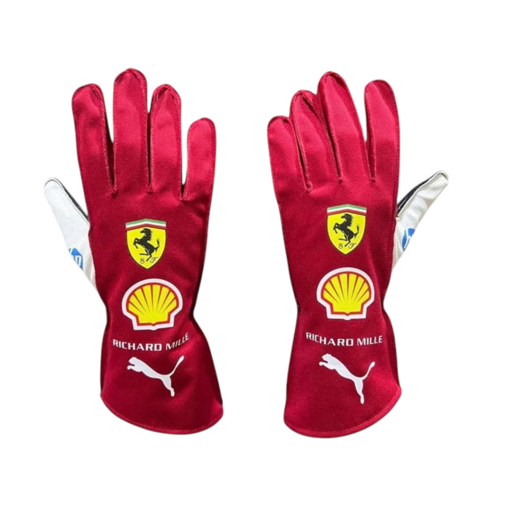 Lewis Hamilton 2025 Ferrari F1 racing gloves in Ferrari red with team branding and sponsor logos