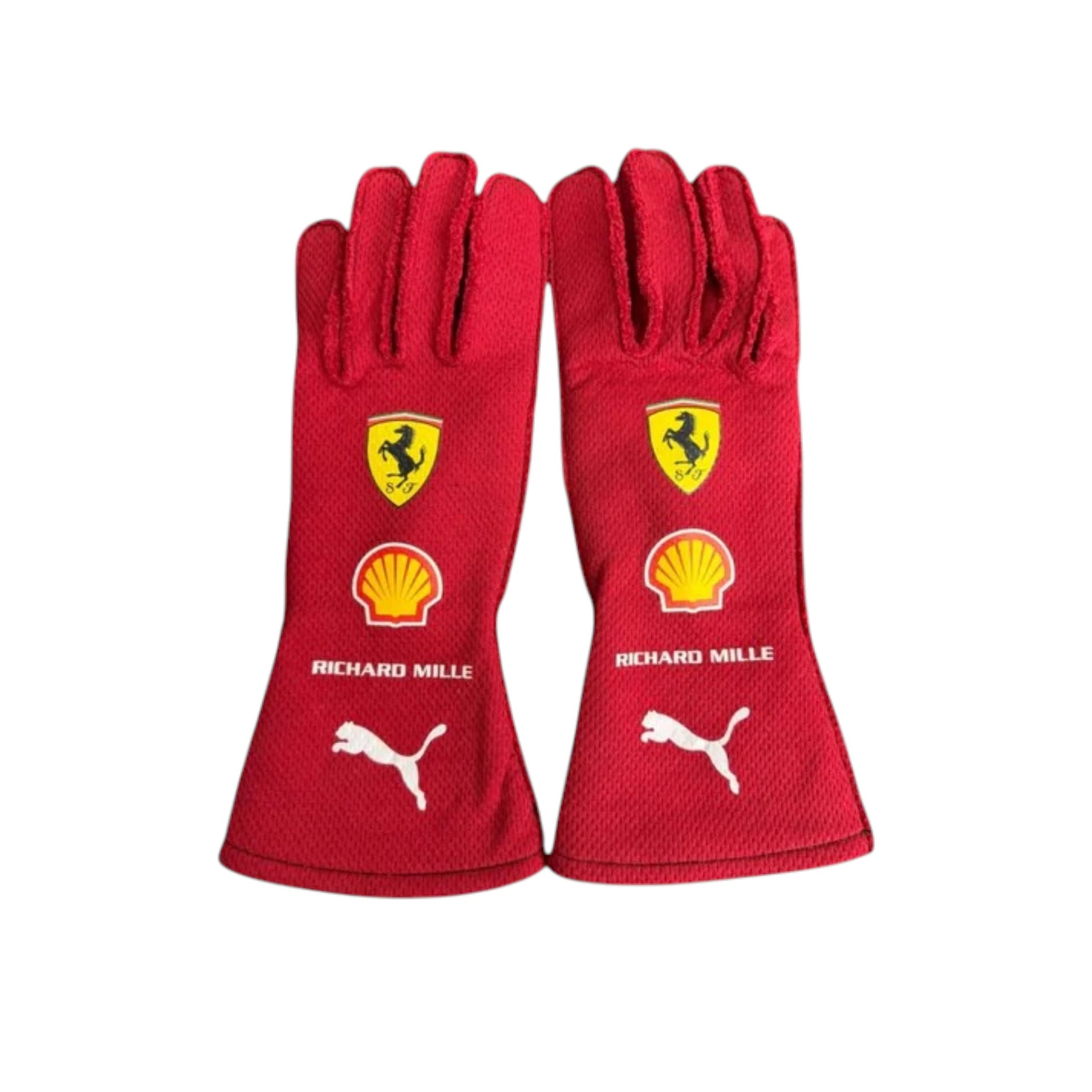 Lewis Hamilton 2025 Ferrari F1 racing gloves in Ferrari red with team branding and sponsor logos