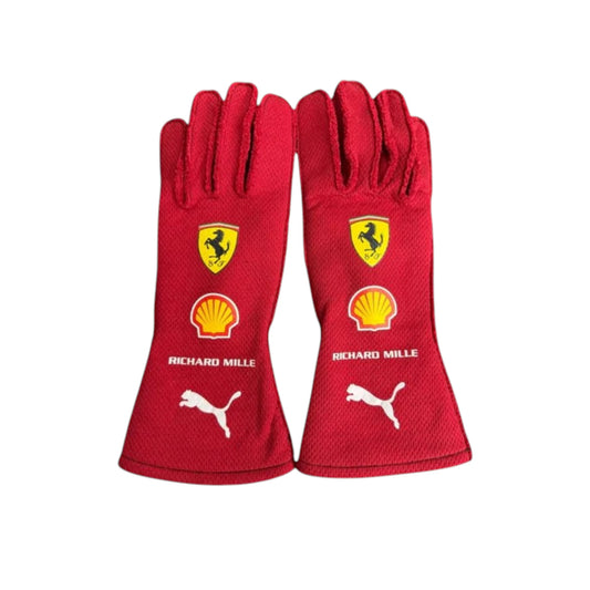 Lewis Hamilton 2025 Ferrari F1 racing gloves in Ferrari red with team branding and sponsor logos