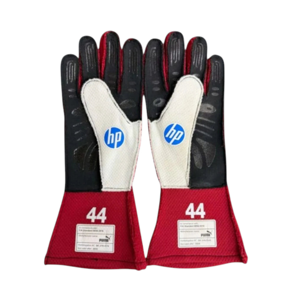 Lewis Hamilton 2025 Ferrari F1 racing gloves in Ferrari red with team branding and sponsor logos