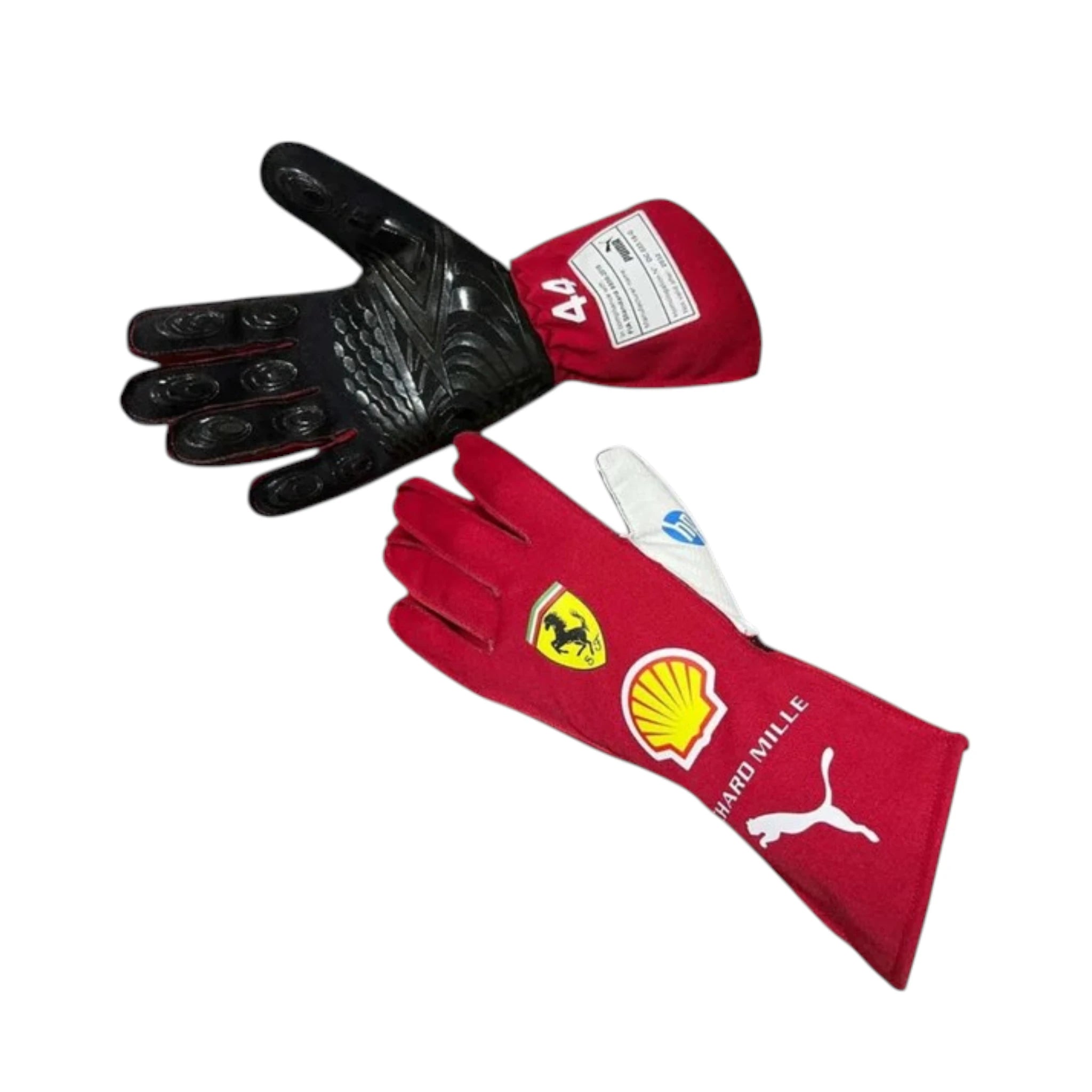 Lewis Hamilton 2025 Ferrari F1 racing gloves in Ferrari red with team branding and sponsor logos