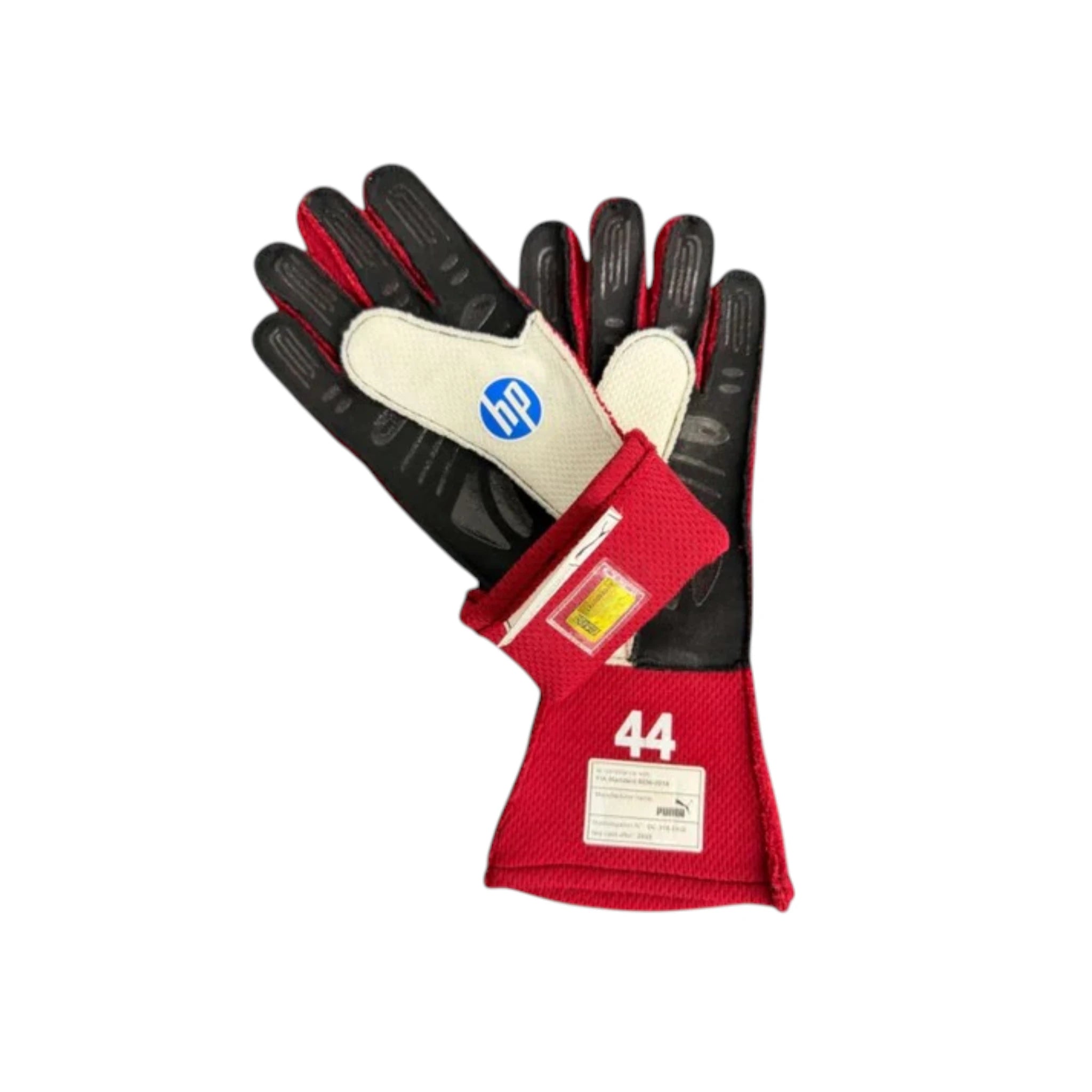 Lewis Hamilton 2025 Ferrari F1 racing gloves in Ferrari red with team branding and sponsor logos