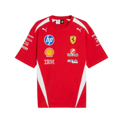 Lewis Hamilton 2025 Ferrari F1 Racing T-Shirt in red featuring Ferrari team graphics, sponsor logos, and short sleeve performance design