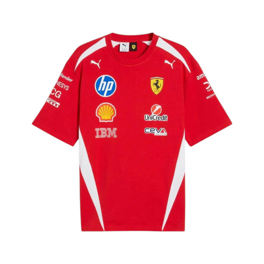 Lewis Hamilton 2025 Ferrari F1 Racing T-Shirt in red featuring Ferrari team graphics, sponsor logos, and short sleeve performance design