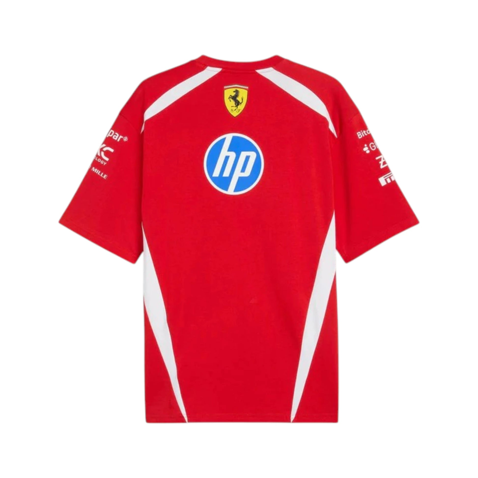 Lewis Hamilton 2025 Ferrari F1 Racing T-Shirt in red featuring Ferrari team graphics, sponsor logos, and short sleeve performance design