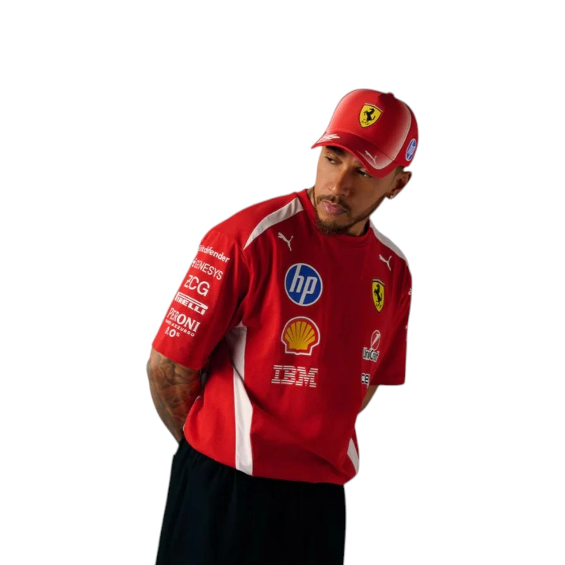 Lewis Hamilton 2025 Ferrari F1 Racing T-Shirt in red featuring Ferrari team graphics, sponsor logos, and short sleeve performance design