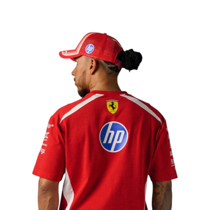 Lewis Hamilton 2025 Ferrari F1 Racing T-Shirt in red featuring Ferrari team graphics, sponsor logos, and short sleeve performance design