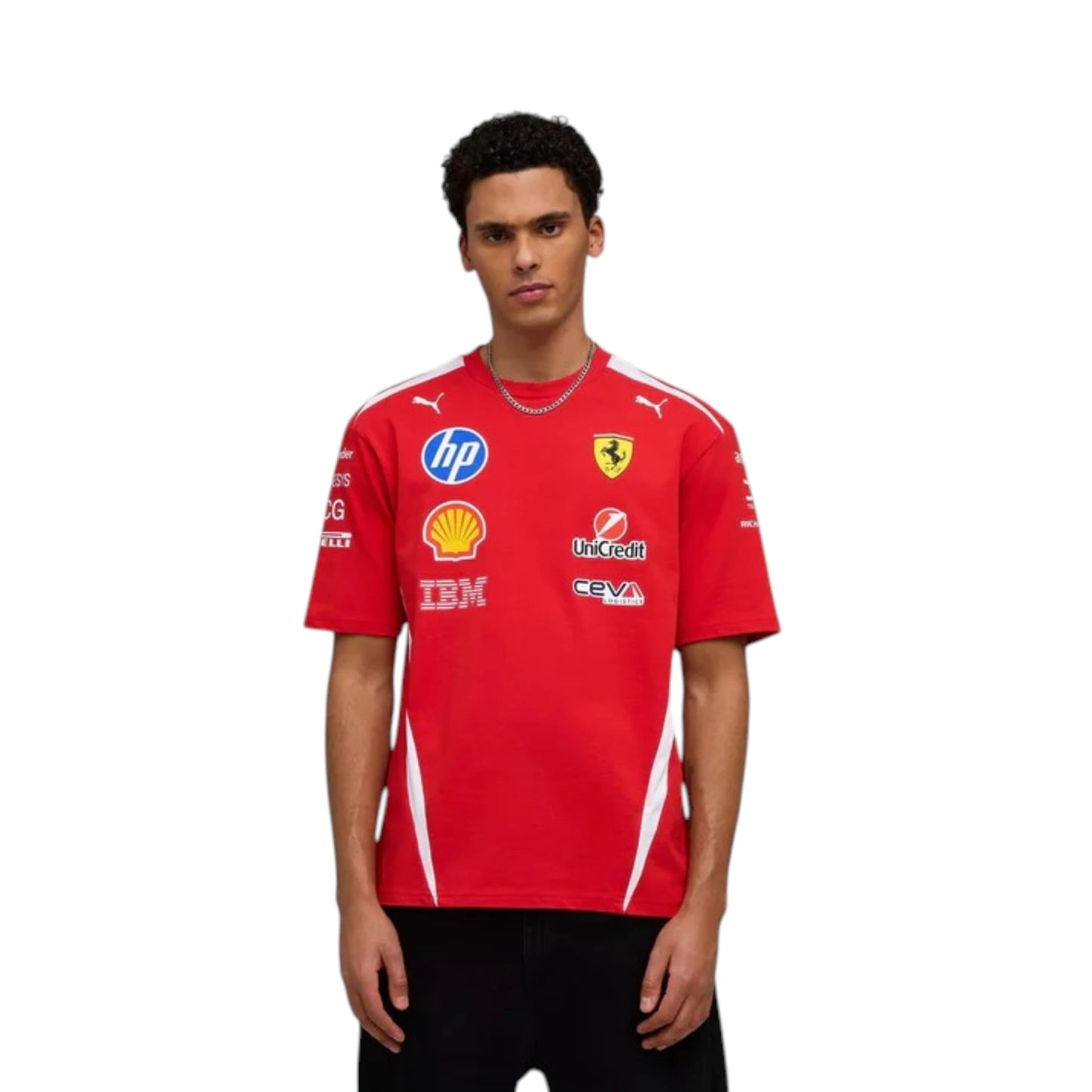 Lewis Hamilton 2025 Ferrari F1 Racing T-Shirt in red featuring Ferrari team graphics, sponsor logos, and short sleeve performance design