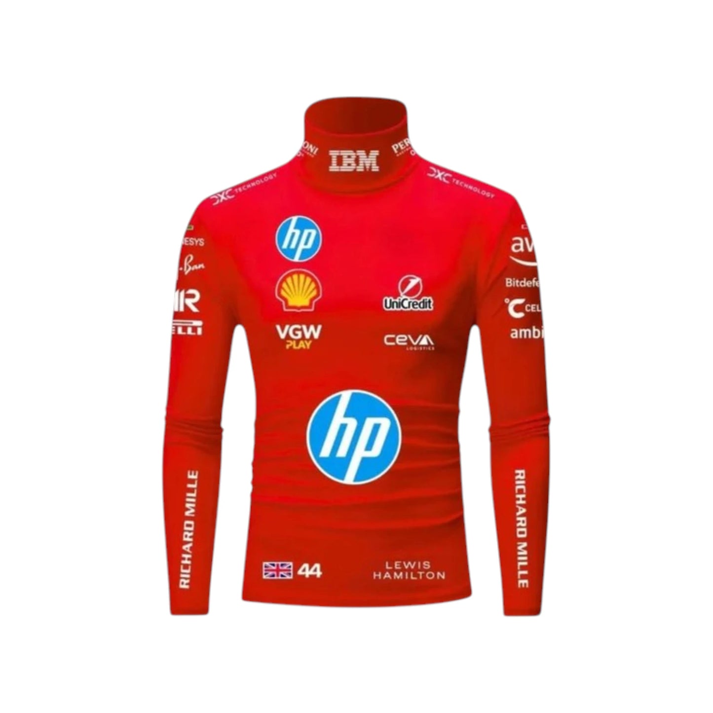 Lewis Hamilton 2025 Ferrari F1 Undershirt in red featuring Ferrari team graphics, sponsor logos, and long sleeve performance base layer design