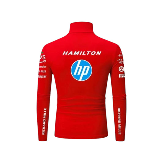 Lewis Hamilton 2025 Ferrari F1 Undershirt in red featuring Ferrari team graphics, sponsor logos, and long sleeve performance base layer design