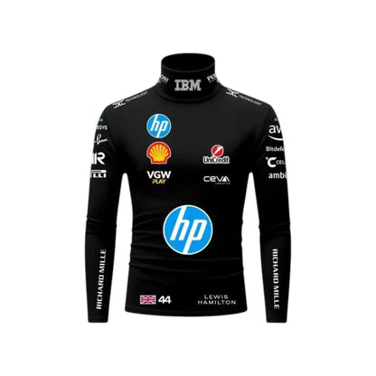 Lewis Hamilton 2025 Ferrari F1 Undershirt in black featuring Ferrari team graphics, sponsor logos, and long sleeve performance base layer design