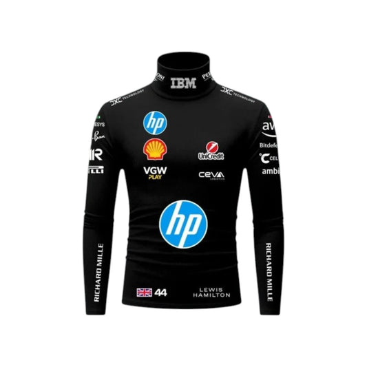 Lewis Hamilton 2025 Ferrari F1 Undershirt in black featuring Ferrari team graphics, sponsor logos, and long sleeve performance base layer design