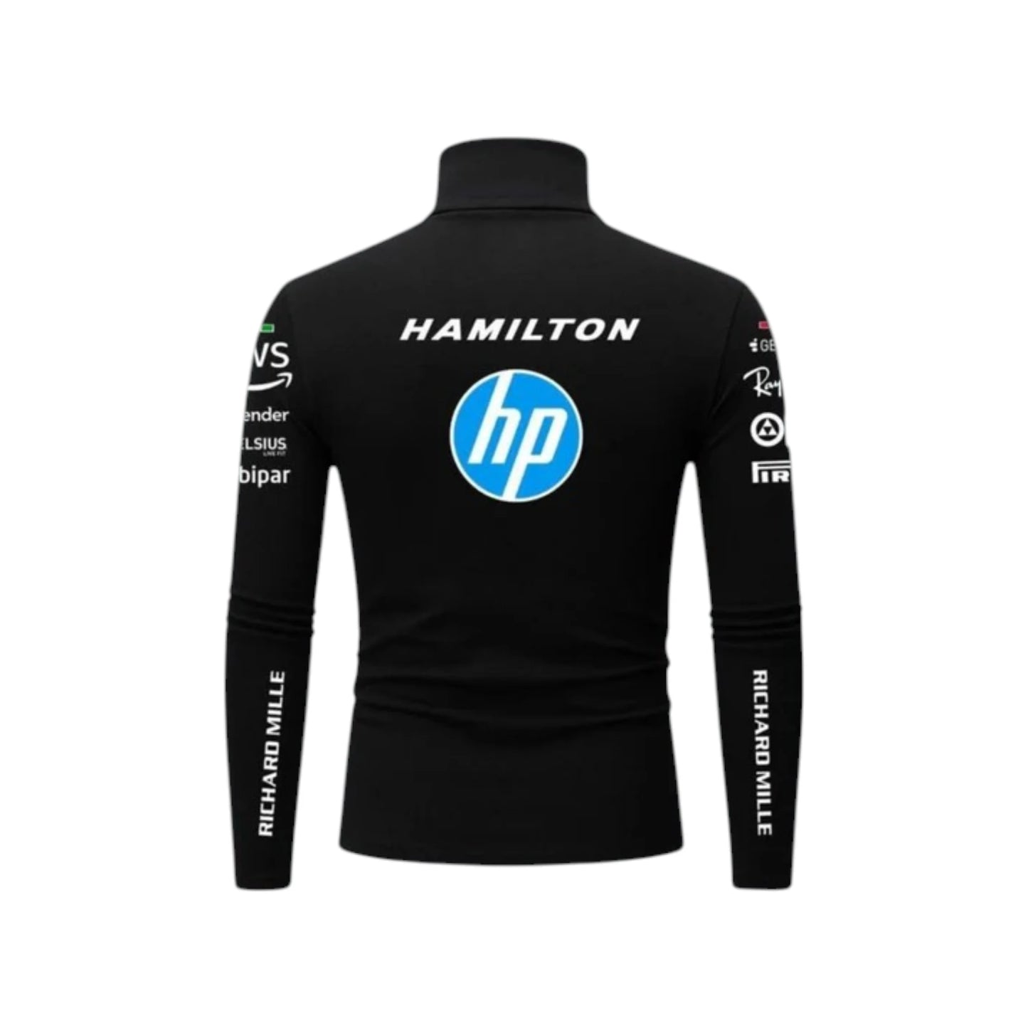 Lewis Hamilton 2025 Ferrari F1 Undershirt in black featuring Ferrari team graphics, sponsor logos, and long sleeve performance base layer design