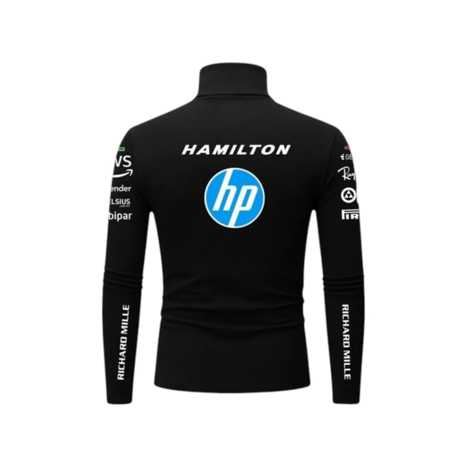 Lewis Hamilton 2025 Ferrari F1 Undershirt in black featuring Ferrari team graphics, sponsor logos, and long sleeve performance base layer design