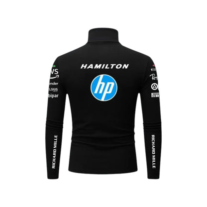 Lewis Hamilton 2025 Ferrari F1 Undershirt in black featuring Ferrari team graphics, sponsor logos, and long sleeve performance base layer design