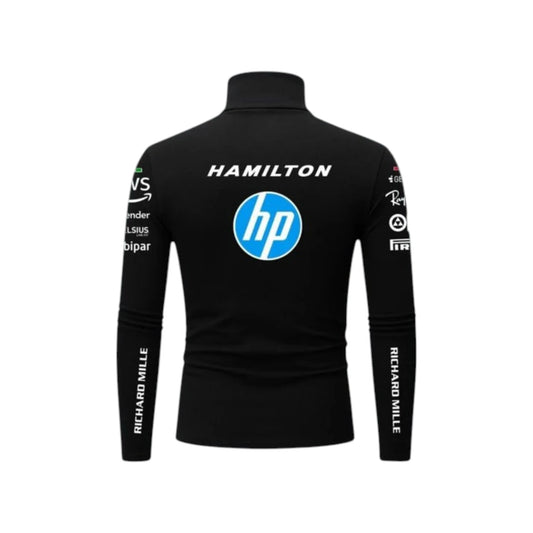 Lewis Hamilton 2025 Ferrari F1 Undershirt in black featuring Ferrari team graphics, sponsor logos, and long sleeve performance base layer design
