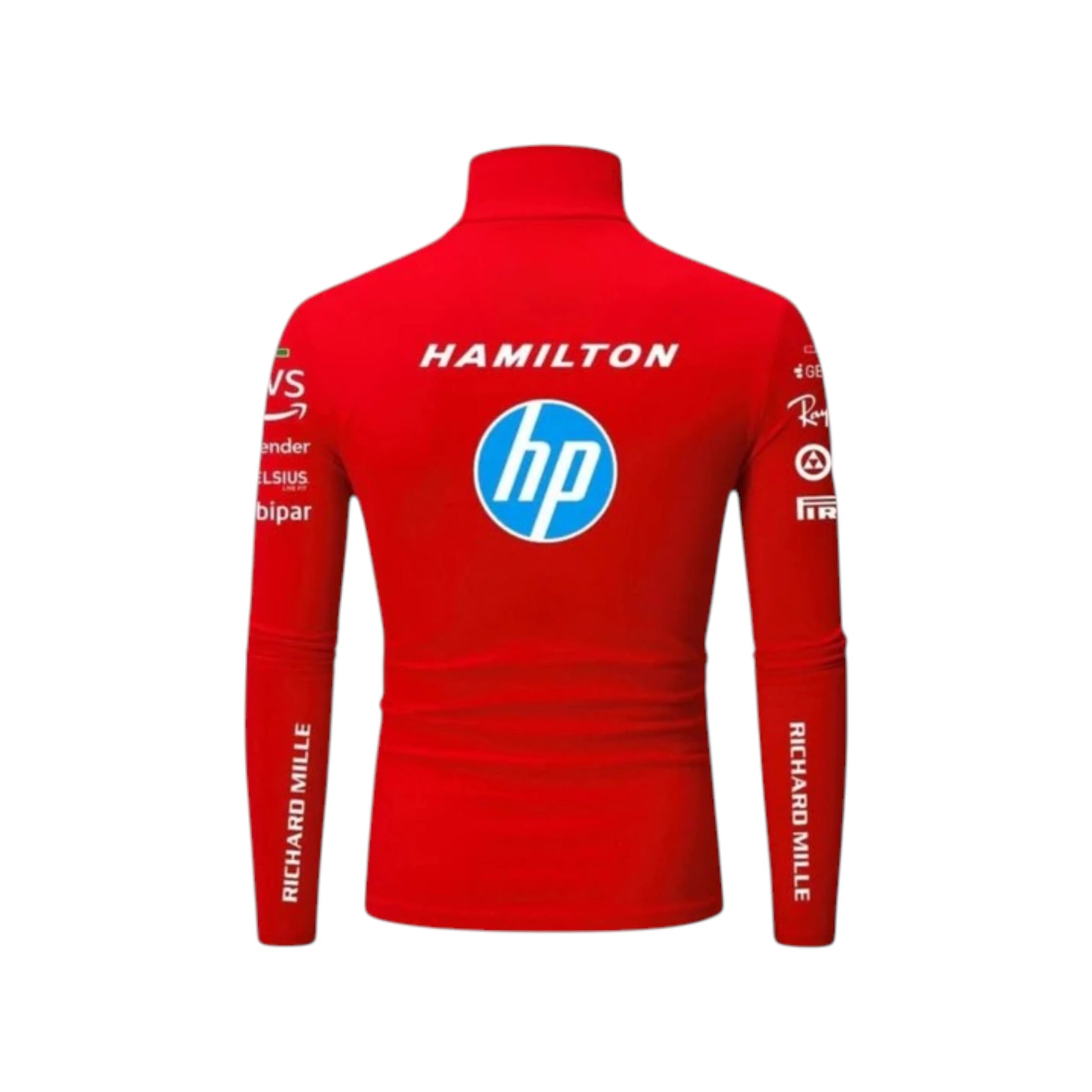 Lewis Hamilton 2025 Ferrari F1 Undershirt in red featuring Ferrari team graphics, sponsor logos, and long sleeve performance base layer design