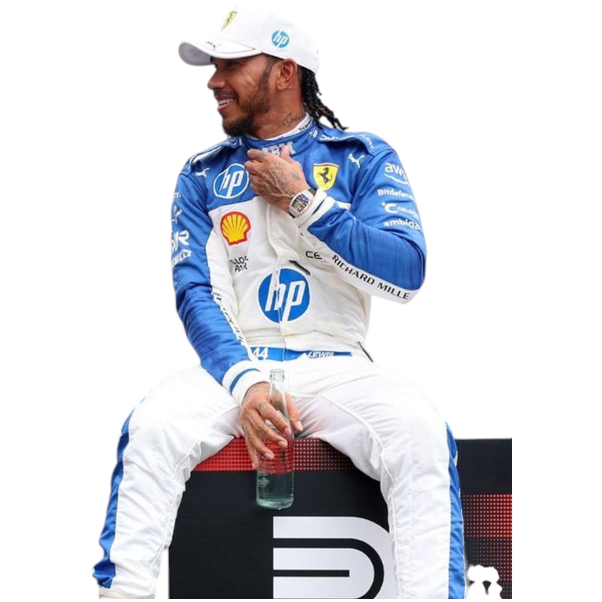 Lewis Hamilton 2025 Ferrari Miami GP F1 race suit in blue and white with HP and Ferrari sponsor branding