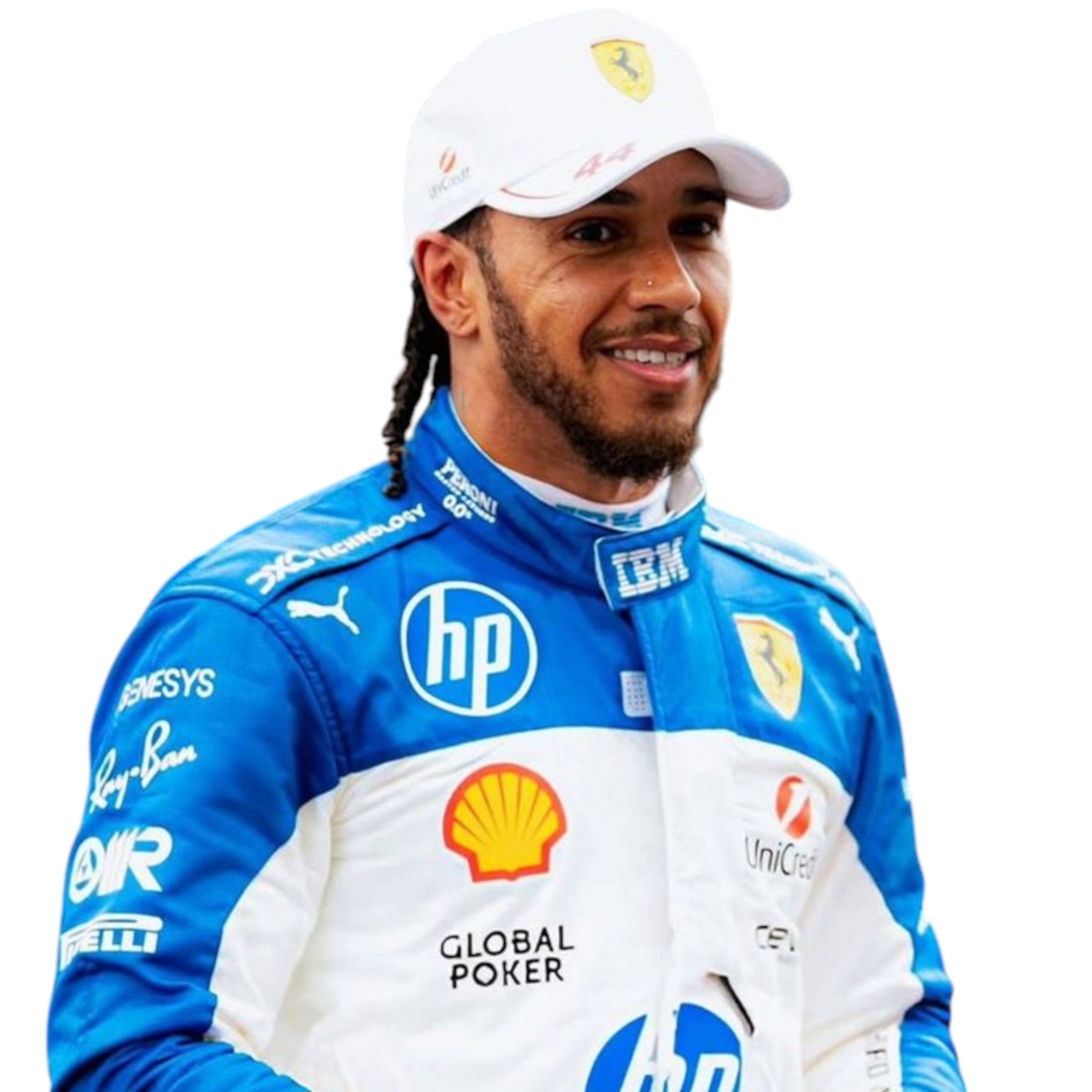 Lewis Hamilton 2025 Ferrari Miami GP F1 race suit in blue and white with HP and Ferrari sponsor branding