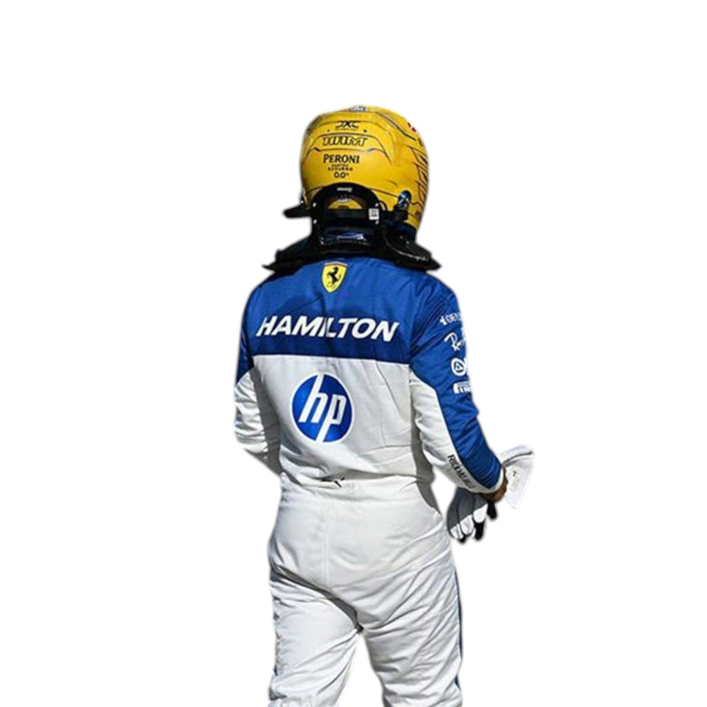 Lewis Hamilton 2025 Ferrari Miami GP F1 race suit in blue and white with HP and Ferrari sponsor branding