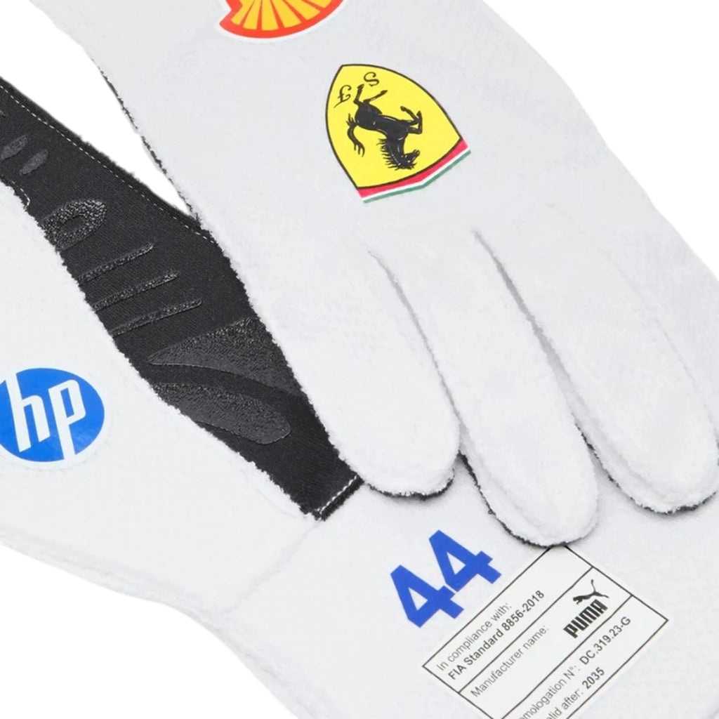 Lewis Hamilton 2025 Ferrari Miami GP F1 racing gloves with special Ferrari Miami Grand Prix design and sponsor logos