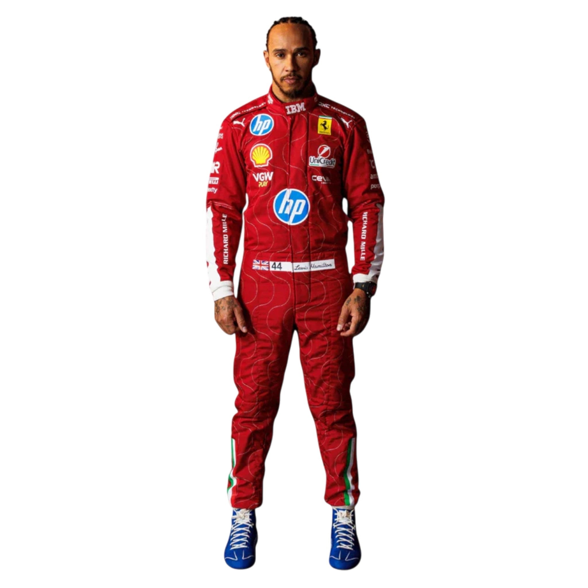 Lewis Hamilton 2025 Ferrari Monza GP F1 race suit in Ferrari red with special Monza detailing and sponsor logos
