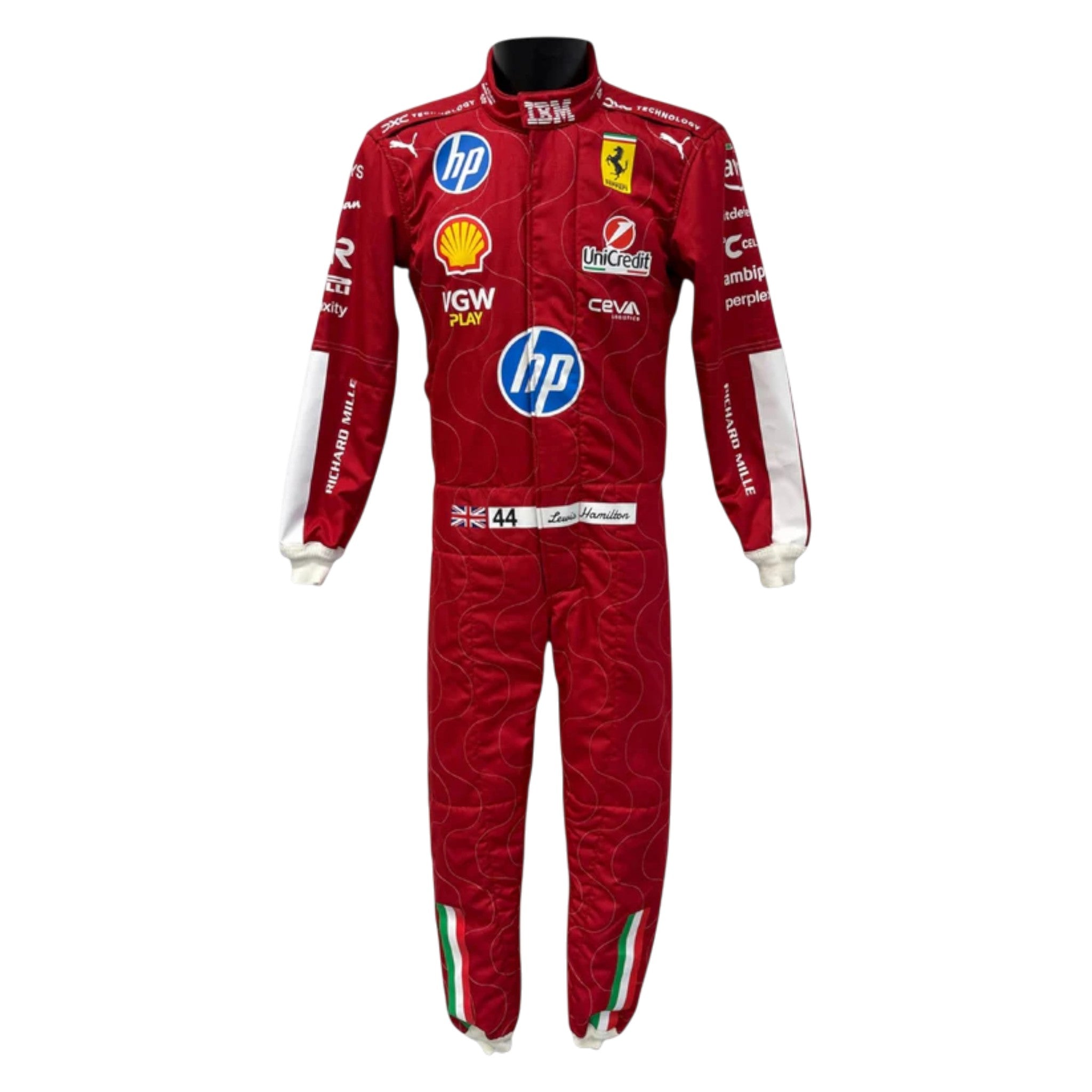 Lewis Hamilton 2025 Ferrari Monza GP F1 race suit in Ferrari red with special Monza detailing and sponsor logos
