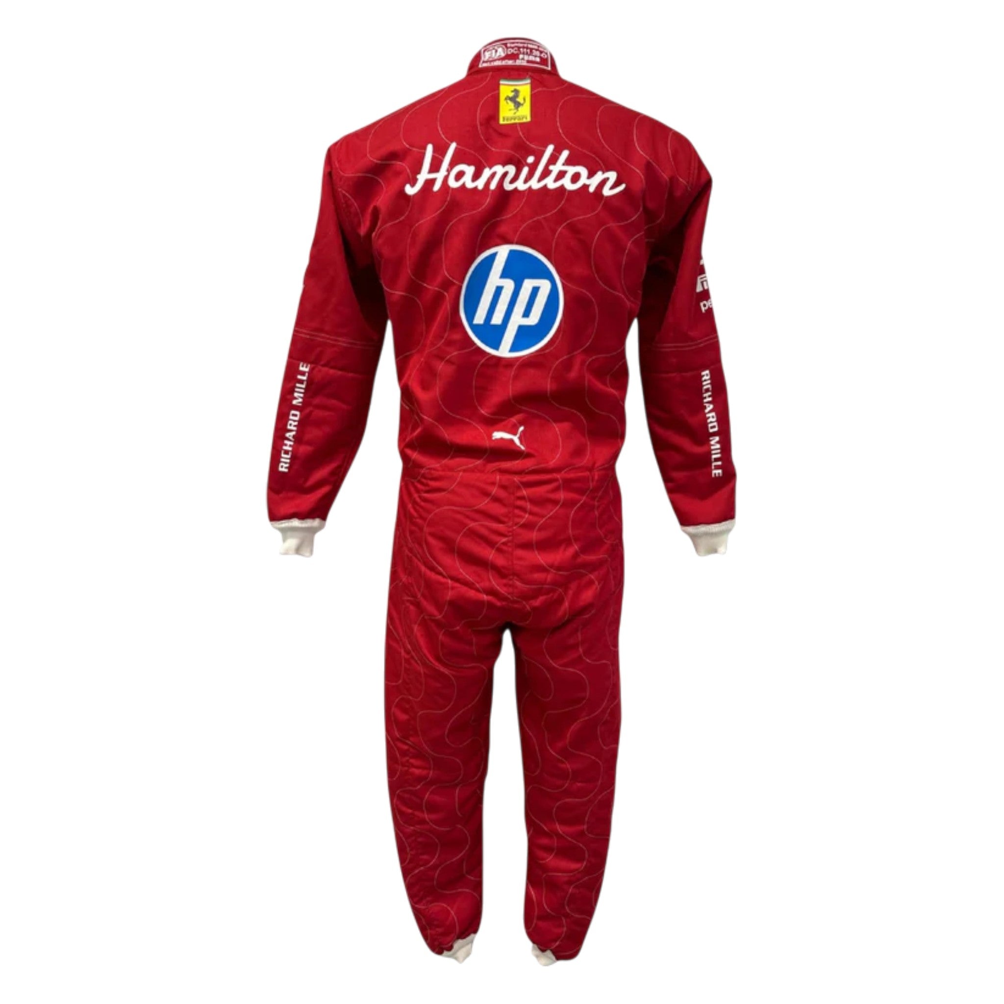 Lewis Hamilton 2025 Ferrari Monza GP F1 race suit in Ferrari red with special Monza detailing and sponsor logos