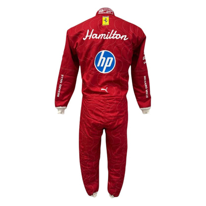 Lewis Hamilton 2025 Ferrari Monza GP F1 race suit in Ferrari red with special Monza detailing and sponsor logos