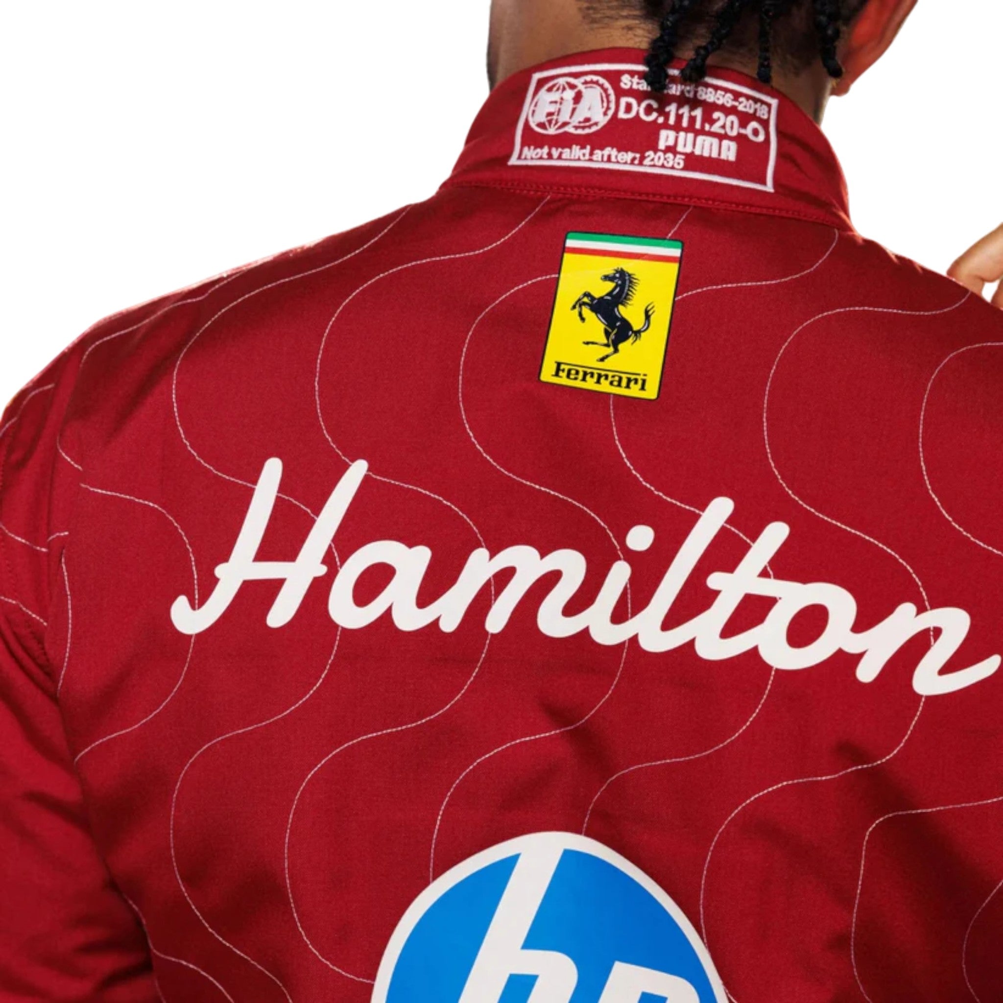Lewis Hamilton 2025 Ferrari Monza GP F1 race suit in Ferrari red with special Monza detailing and sponsor logos