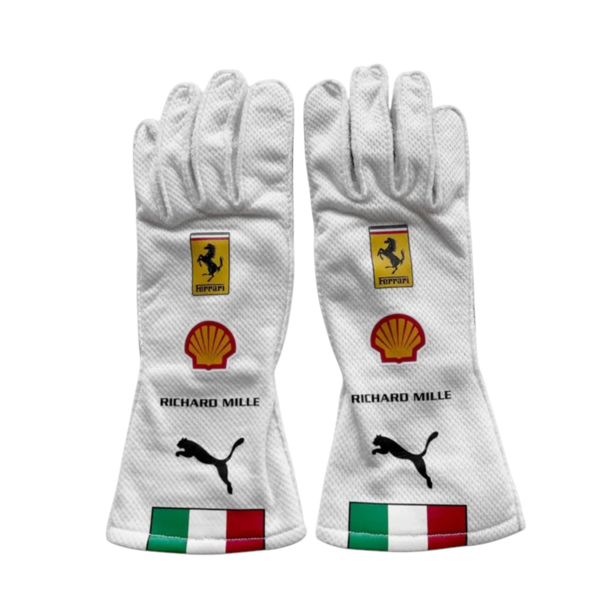 Lewis Hamilton 2025 Ferrari Monza GP F1 racing gloves with special Ferrari Monza Grand Prix design and sponsor logos