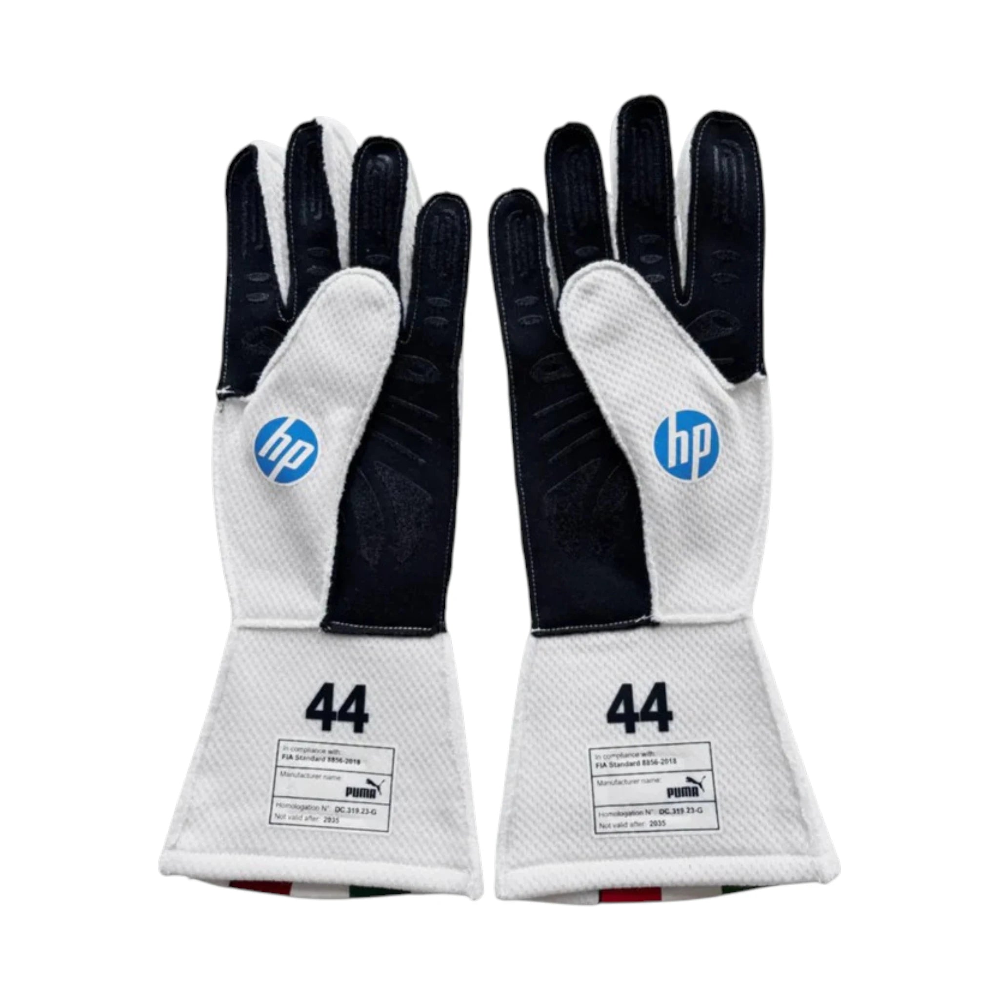 Lewis Hamilton 2025 Ferrari Monza GP F1 racing gloves with special Ferrari Monza Grand Prix design and sponsor logos