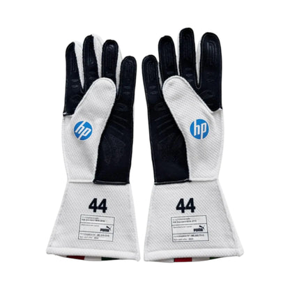 Lewis Hamilton 2025 Ferrari Monza GP F1 racing gloves with special Ferrari Monza Grand Prix design and sponsor logos