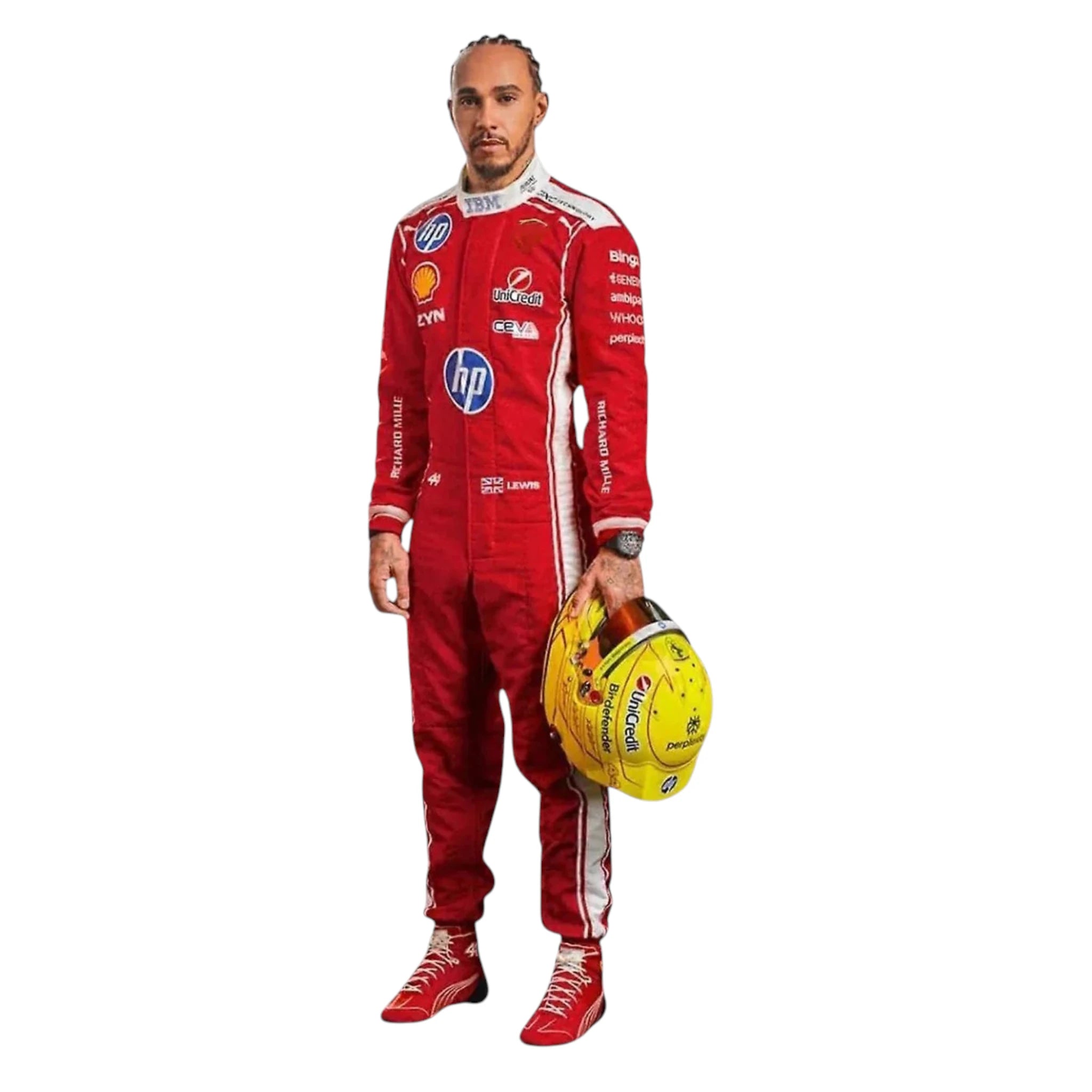Lewis Hamilton 2026 Ferrari F1 race suit in red with white detailing, HP branding, and Scuderia Ferrari sponsor logos