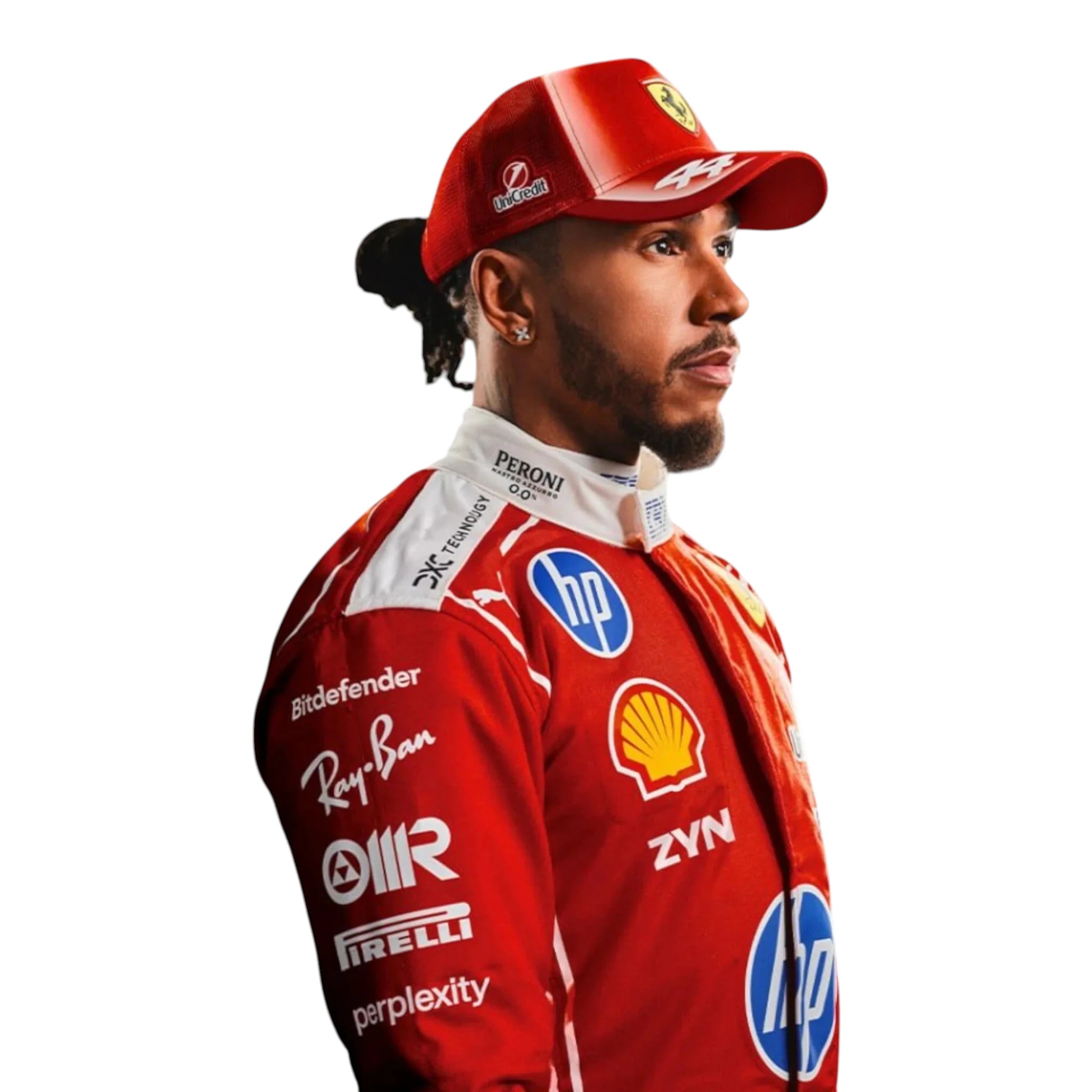 Lewis Hamilton 2026 Ferrari F1 race suit in red with white detailing, HP branding, and Scuderia Ferrari sponsor logos