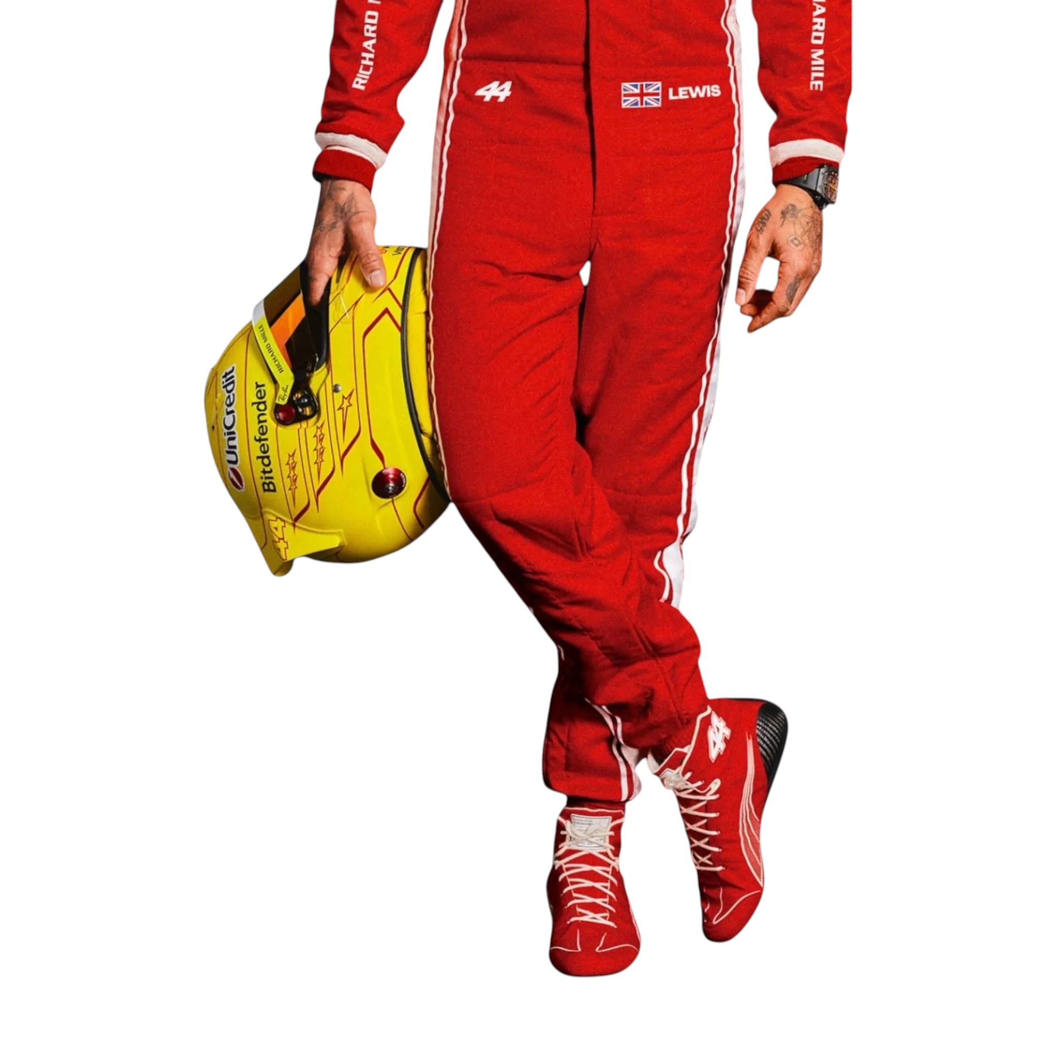 Lewis Hamilton 2026 Ferrari F1 race suit in red with white detailing, HP branding, and Scuderia Ferrari sponsor logos