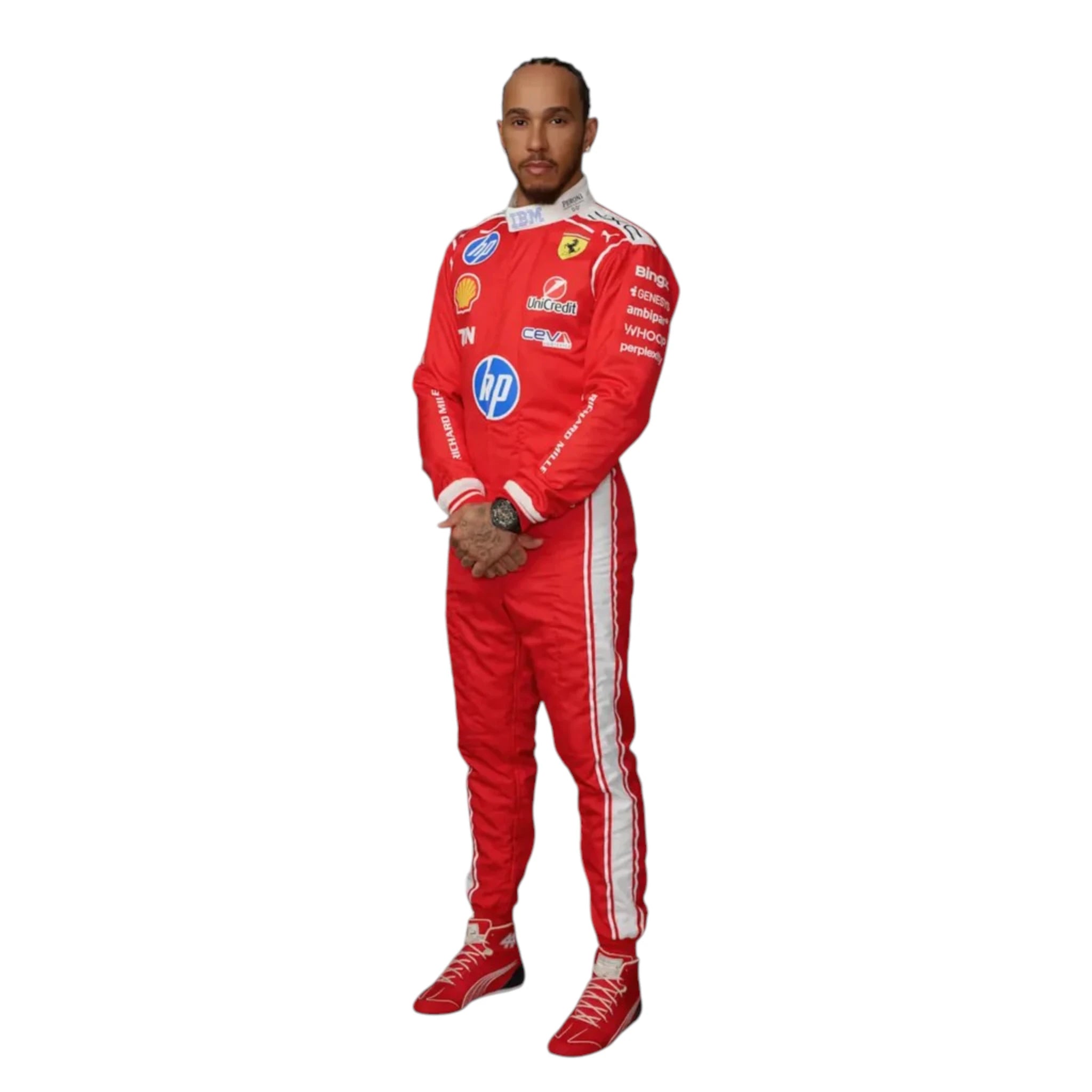 Lewis Hamilton 2026 Ferrari F1 race suit in red with white detailing, HP branding, and Scuderia Ferrari sponsor logos