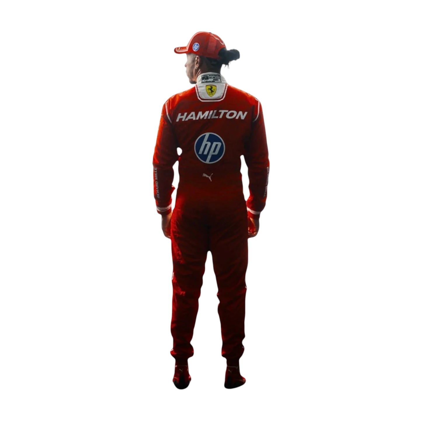 Lewis Hamilton 2026 Ferrari F1 race suit in red with white detailing, HP branding, and Scuderia Ferrari sponsor logos