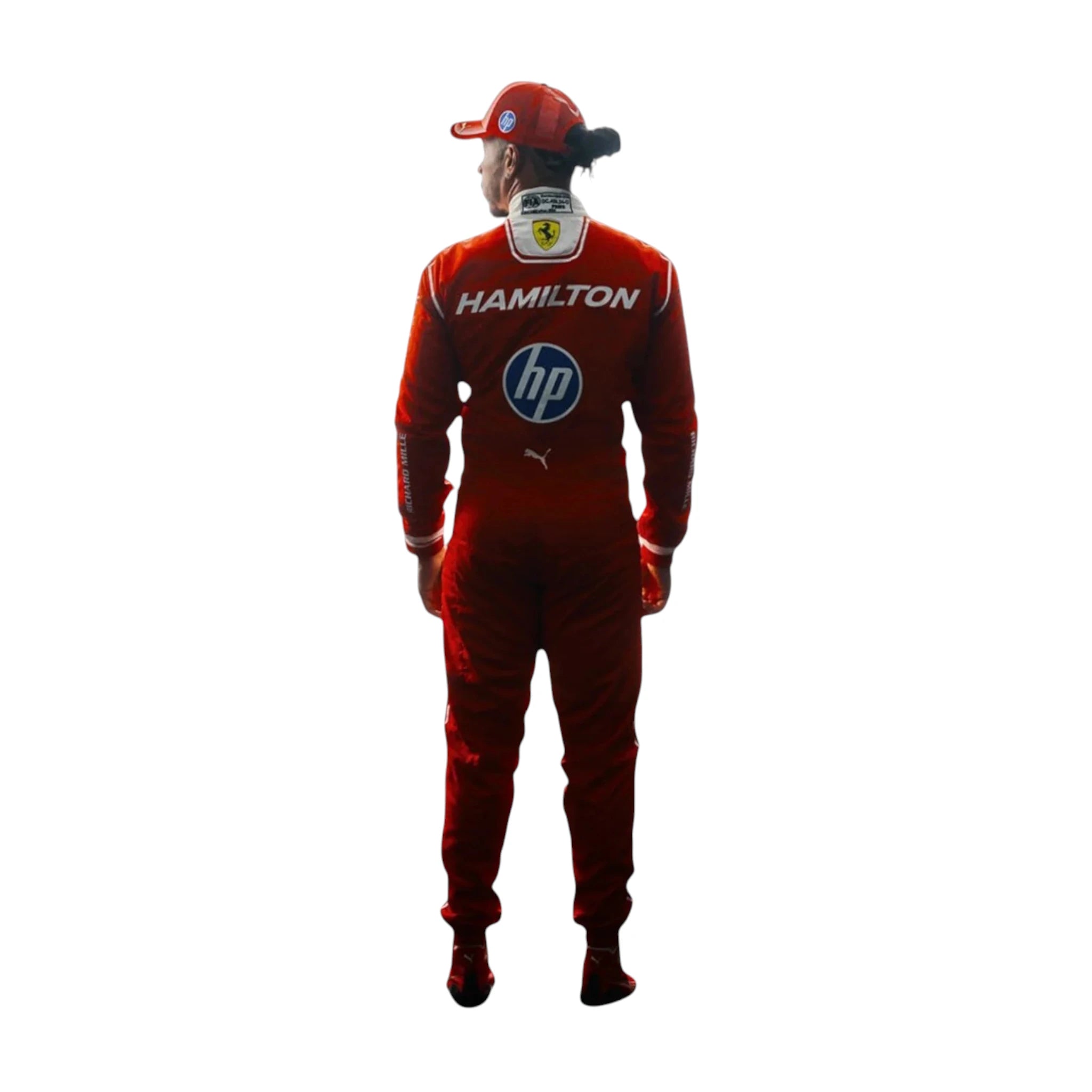 Lewis Hamilton 2026 Ferrari F1 race suit in red with white detailing, HP branding, and Scuderia Ferrari sponsor logos