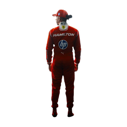 Lewis Hamilton 2026 Ferrari F1 race suit in red with white detailing, HP branding, and Scuderia Ferrari sponsor logos