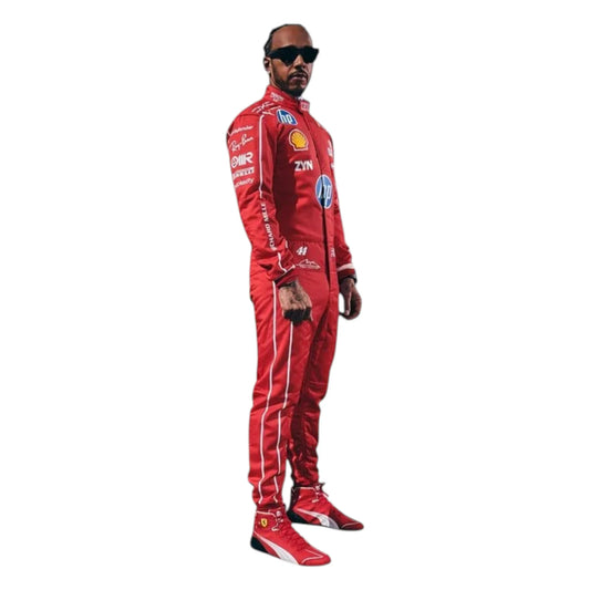 Lewis Hamilton 2026 Ferrari Monza GP F1 Racing Suit in red featuring Ferrari team branding and sponsor logos