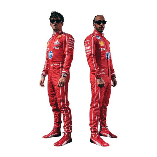 Lewis Hamilton 2026 Ferrari Monza GP F1 Racing Suit in red featuring Ferrari team branding and sponsor logos