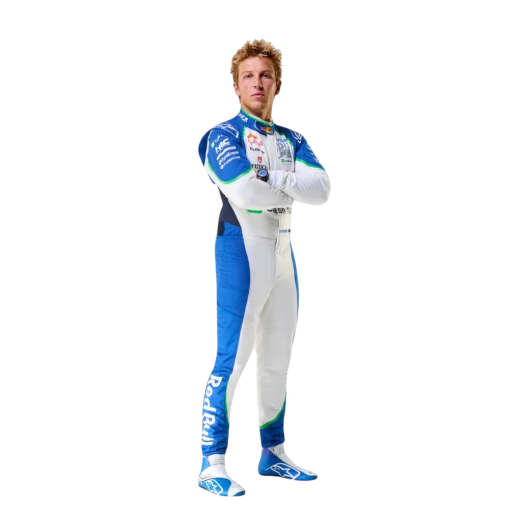 Liam Lawson 2025 Racing Bulls F1 race suit in blue and white with sponsor branding