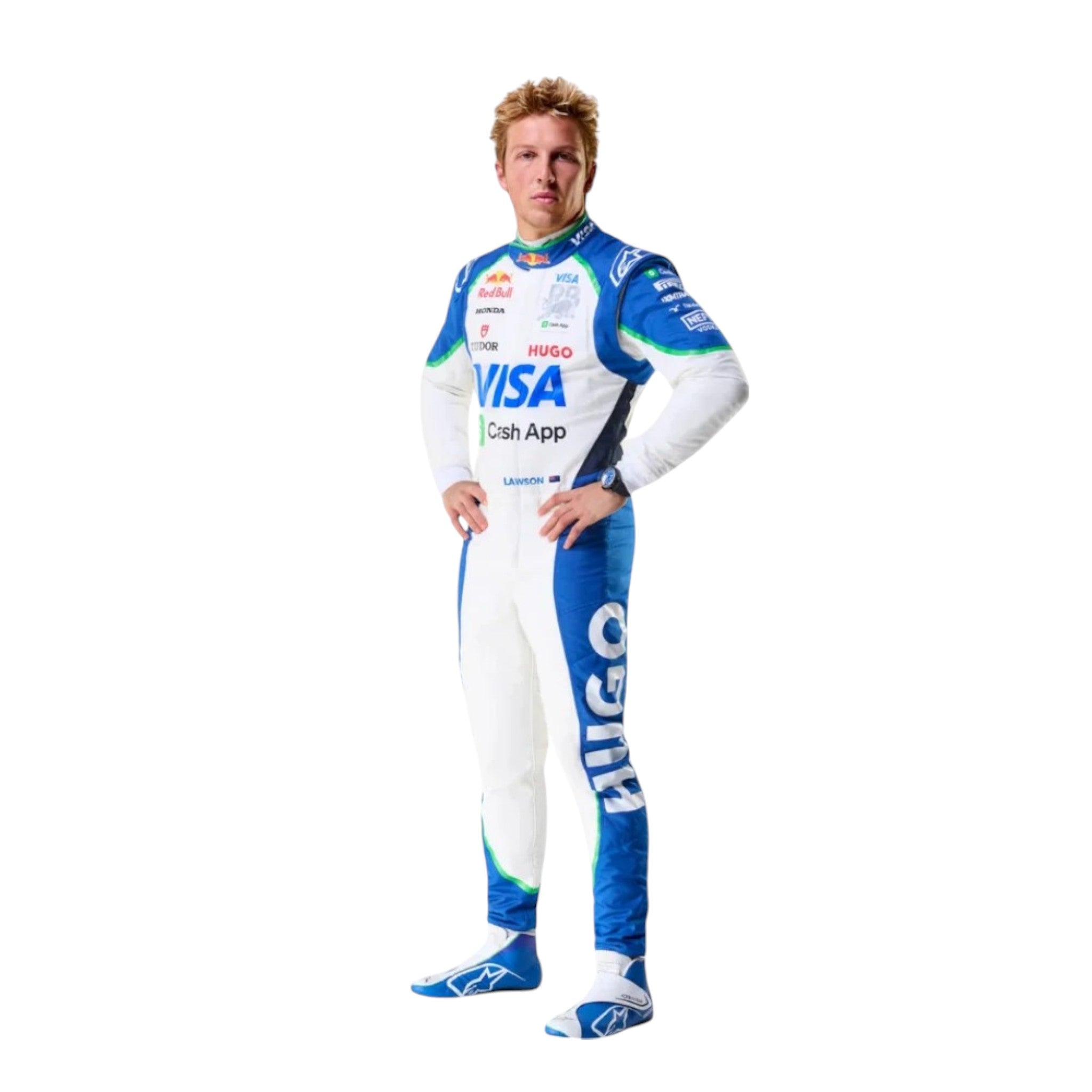 Liam Lawson 2025 Racing Bulls F1 race suit in blue and white with sponsor branding